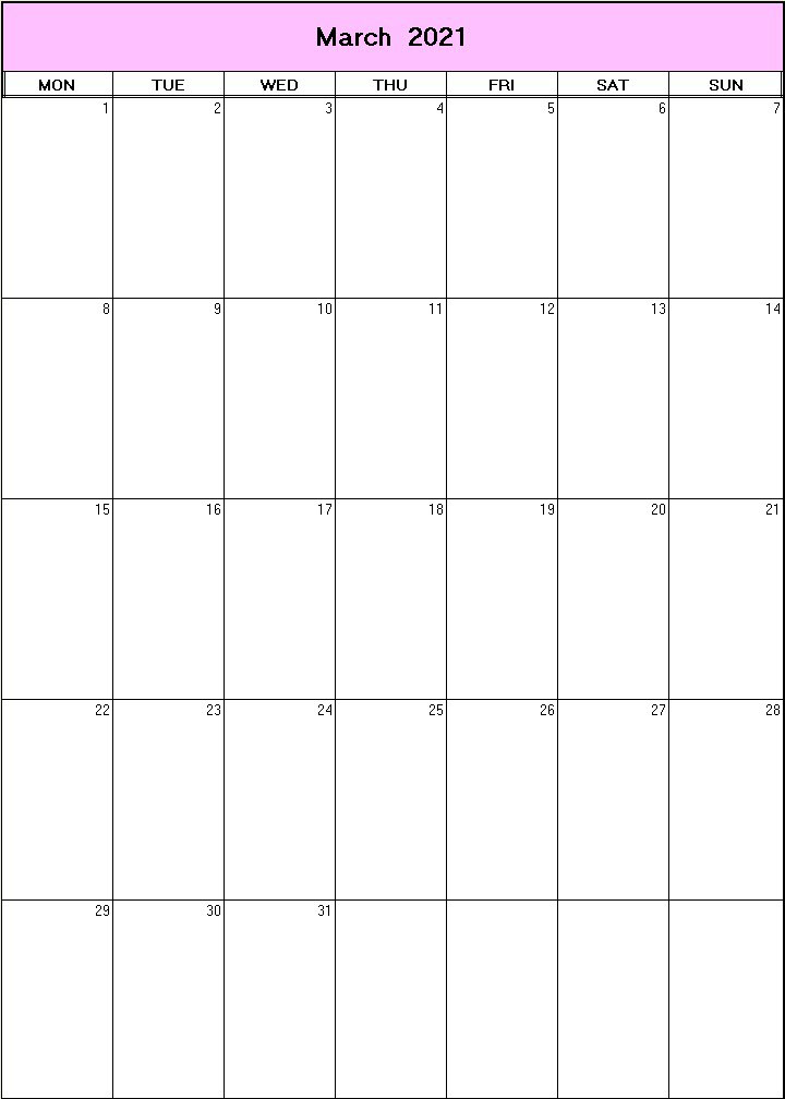 printable blank calendar image for March 2021