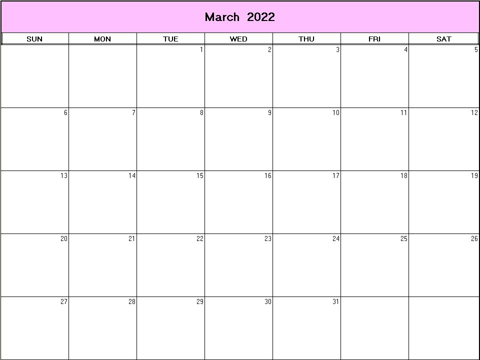 printable blank calendar image for March 2022