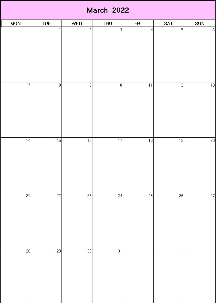 printable blank calendar image for March 2022