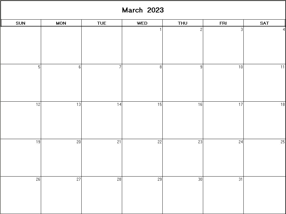 printable blank calendar image for March 2023