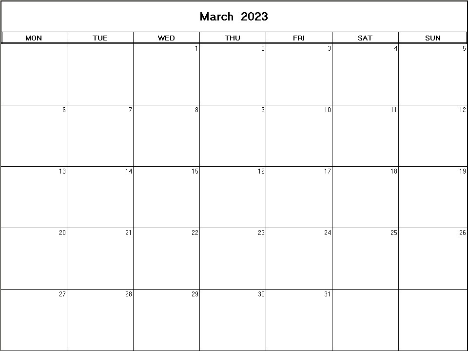 printable blank calendar image for March 2023