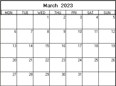 printable blank calendar image for March 2023