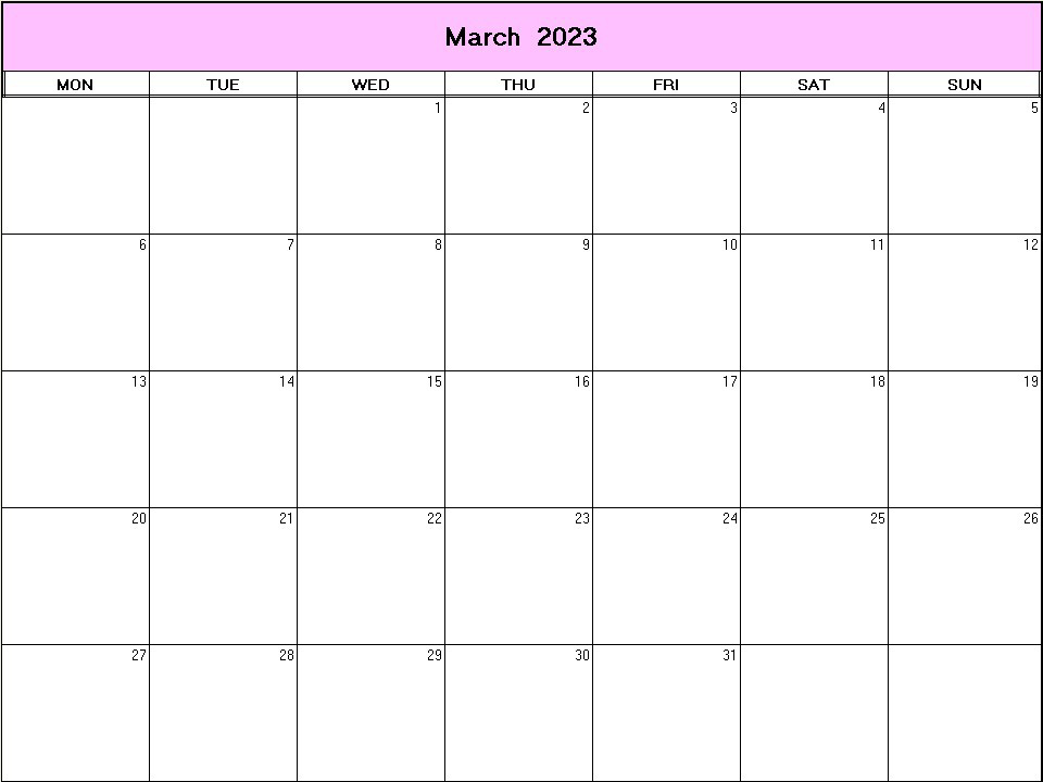 printable blank calendar image for March 2023