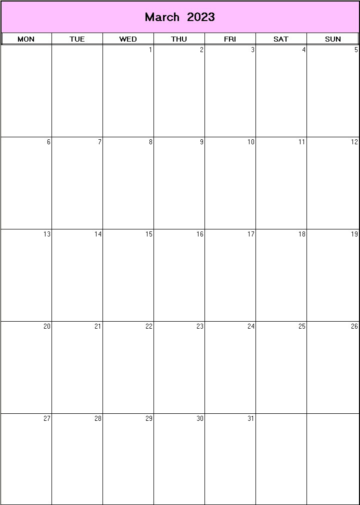 printable blank calendar image for March 2023