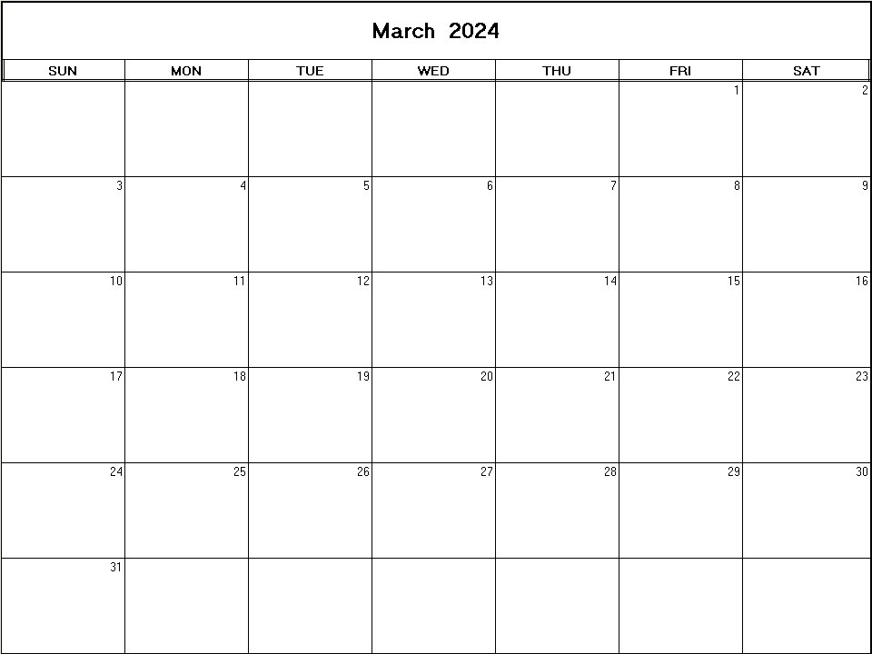 printable blank calendar image for March 2024