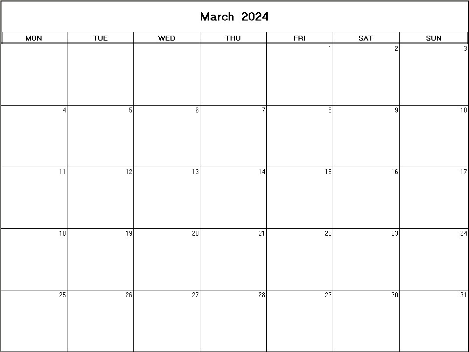 printable blank calendar image for March 2024