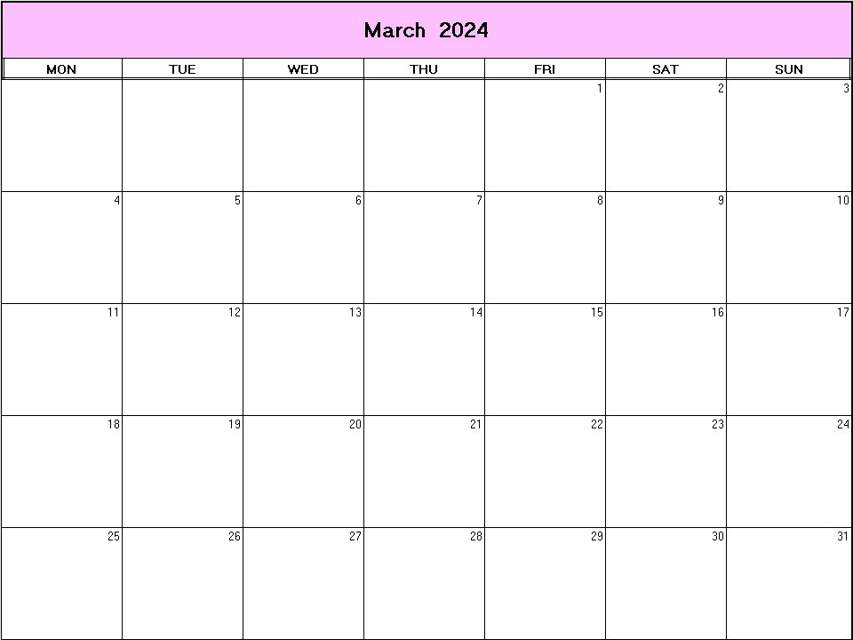 printable blank calendar image for March 2024