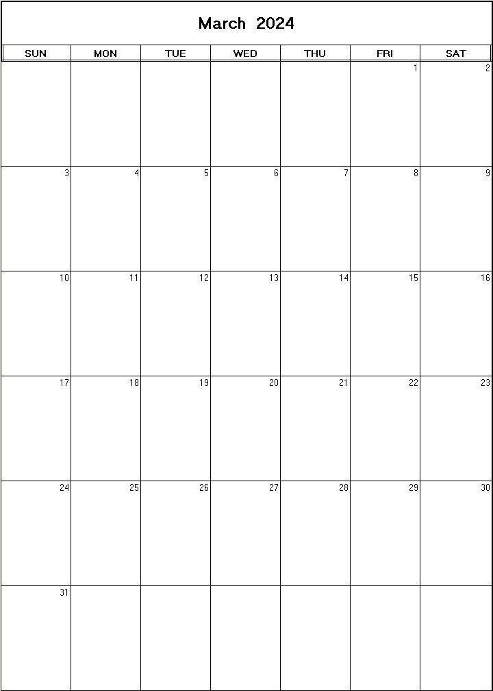 printable blank calendar image for March 2024