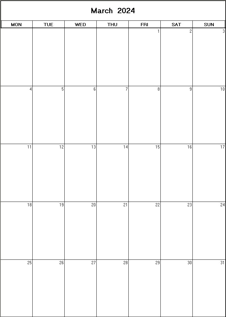 printable blank calendar image for March 2024