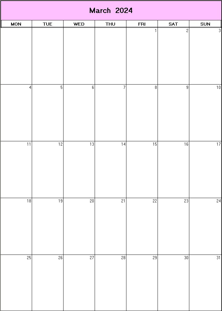 printable blank calendar image for March 2024