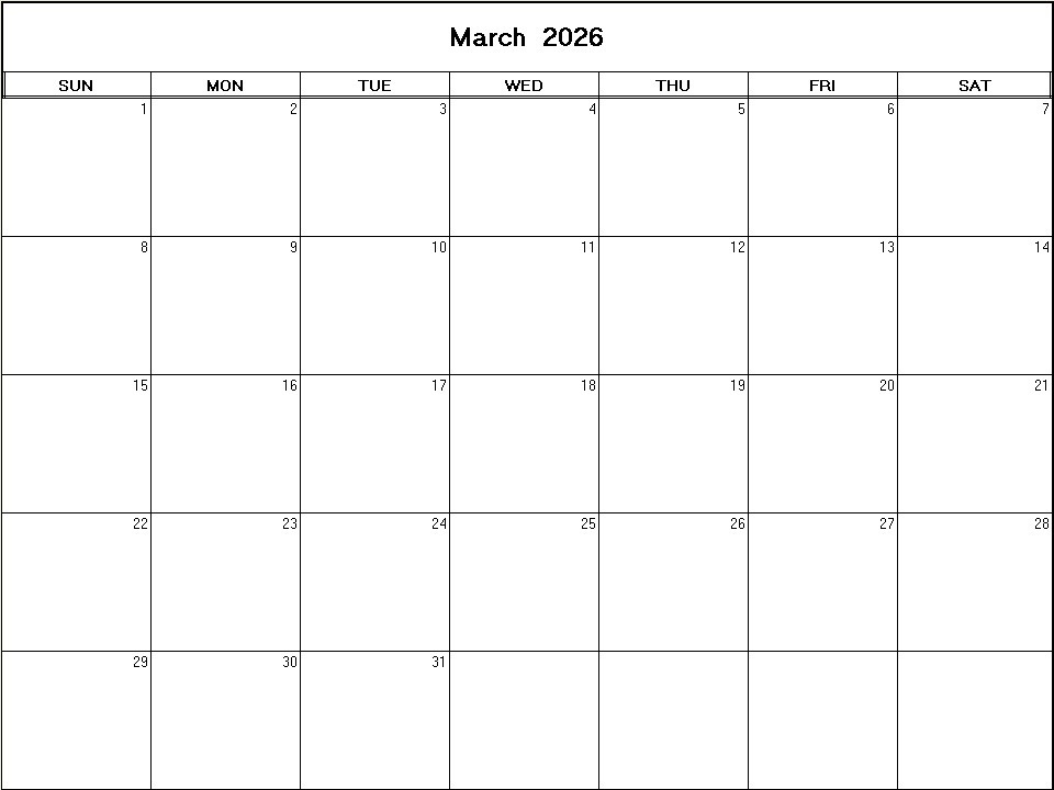 printable blank calendar image for March 2026