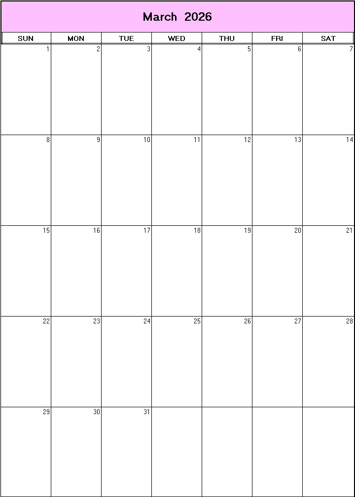 printable blank calendar image for March 2026