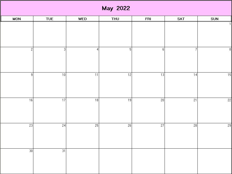 printable blank calendar image for May 2022