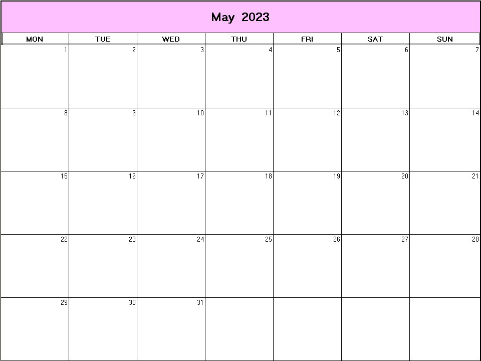 printable blank calendar image for May 2023