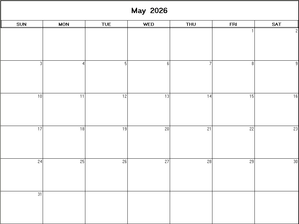 printable blank calendar image for May 2026