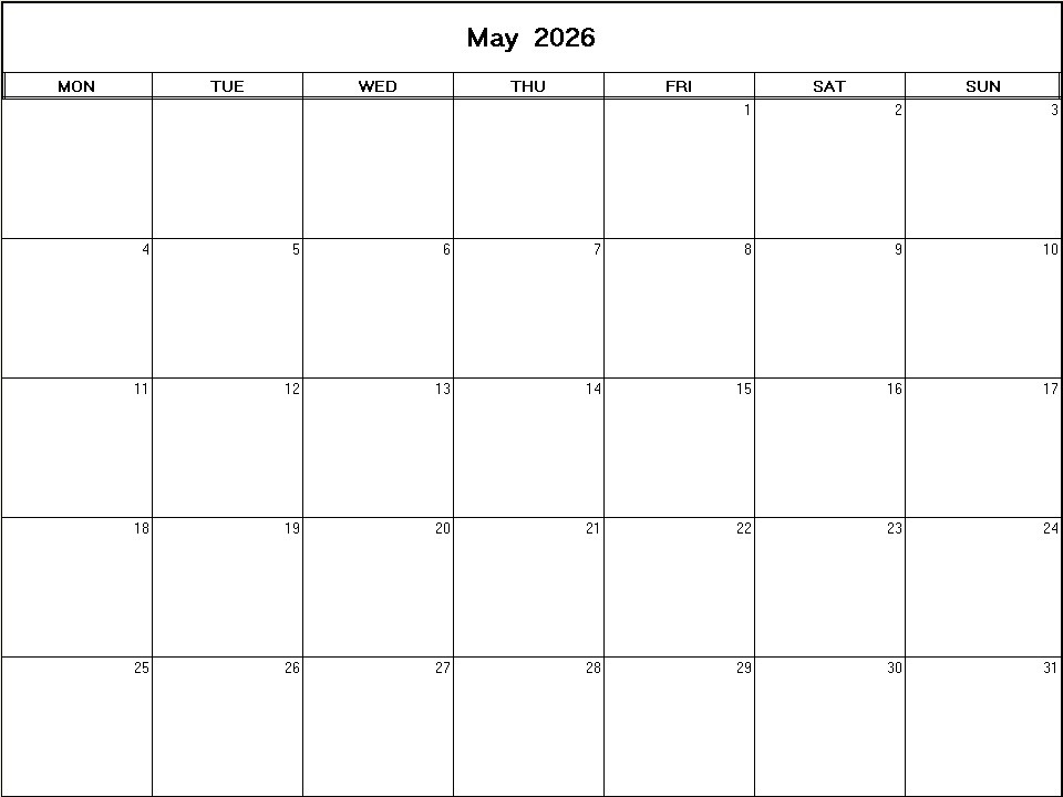printable blank calendar image for May 2026