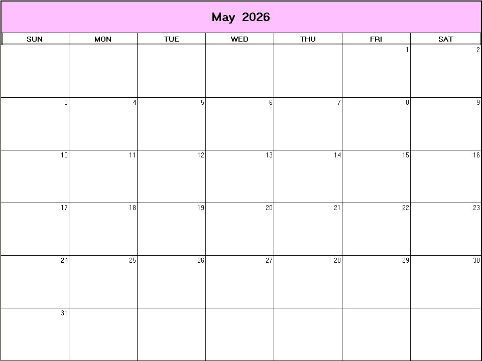printable blank calendar image for May 2026