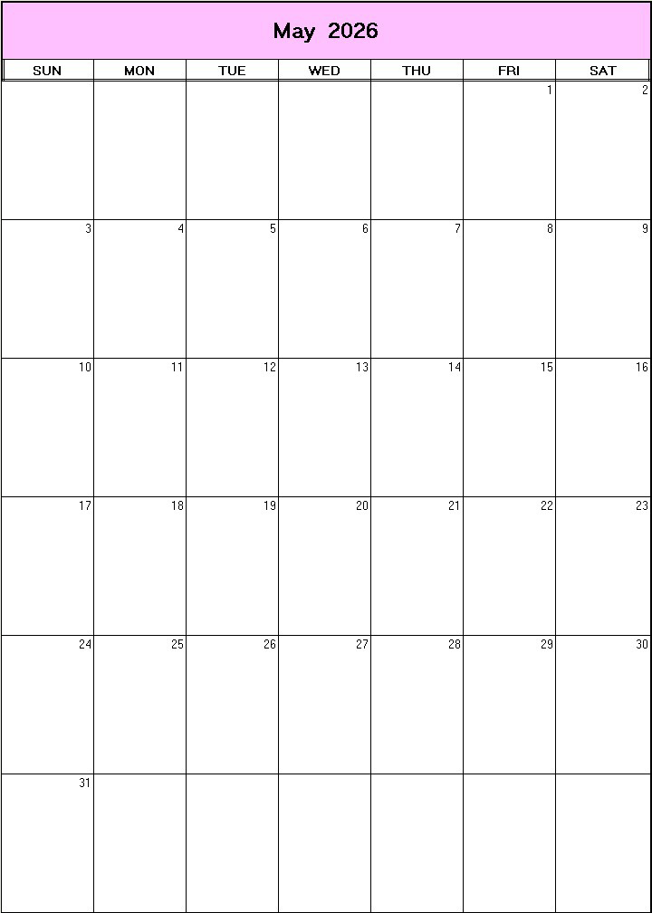 printable blank calendar image for May 2026