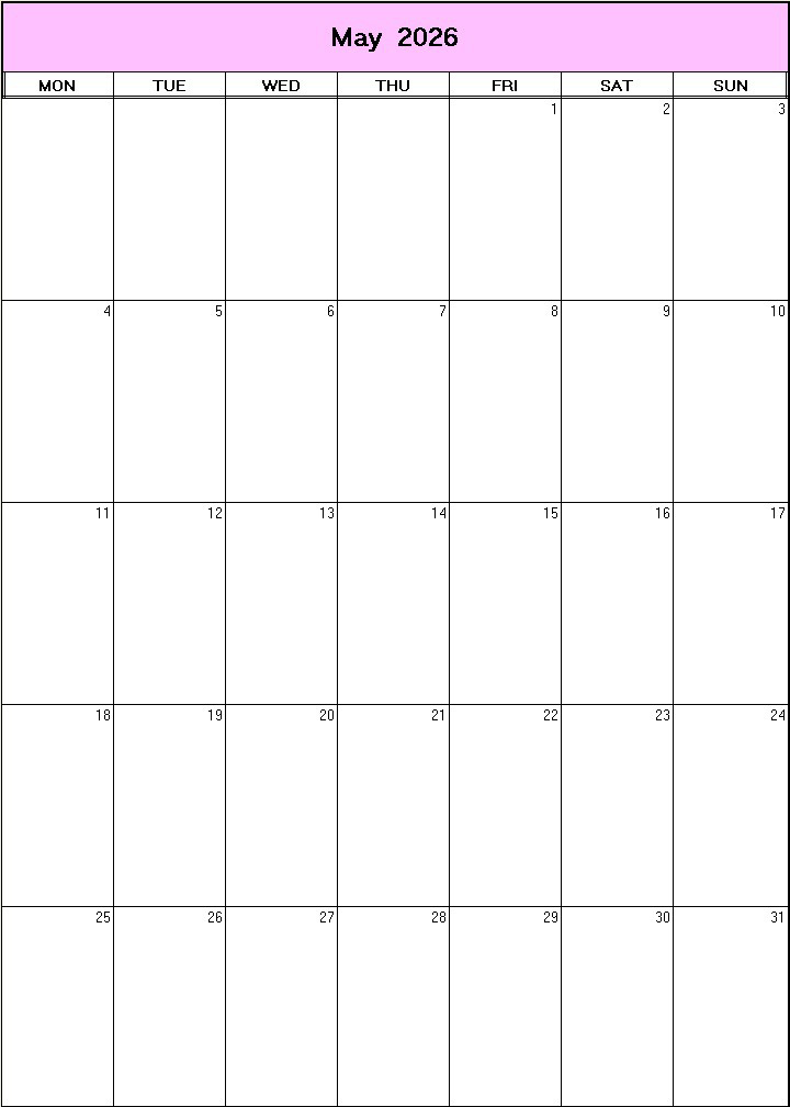printable blank calendar image for May 2026