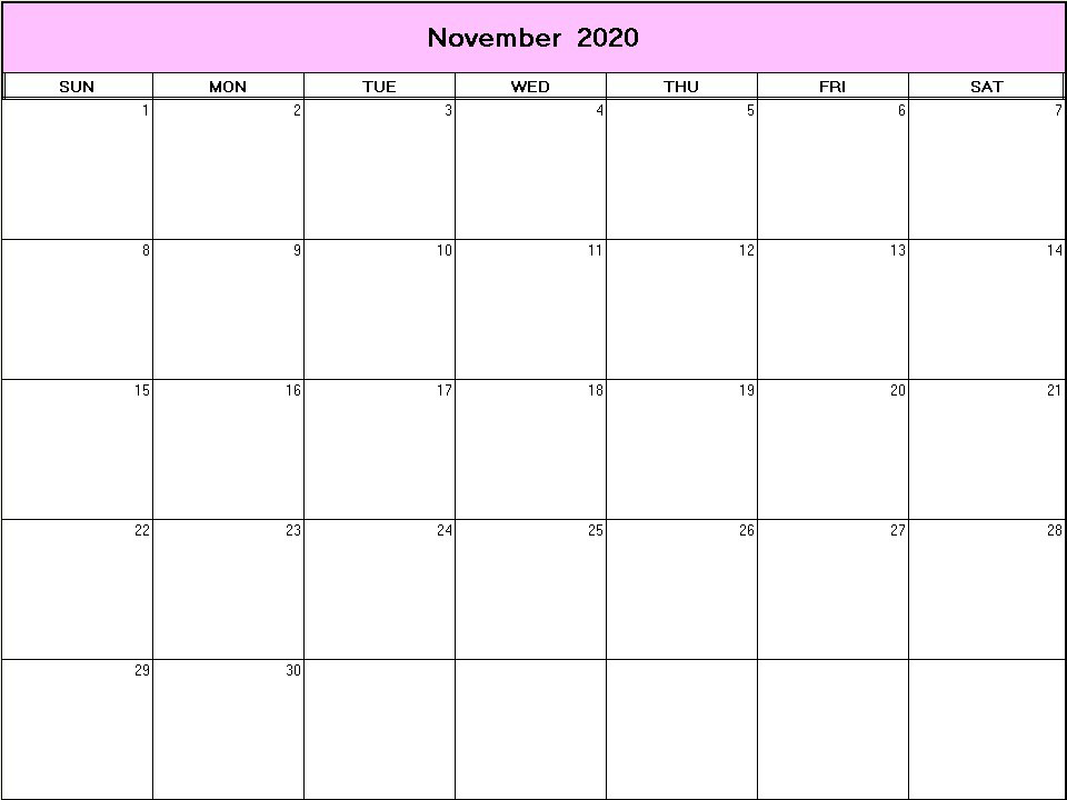 printable blank calendar image for November 2020