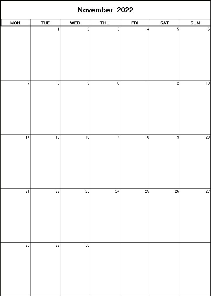 printable blank calendar image for November 2022