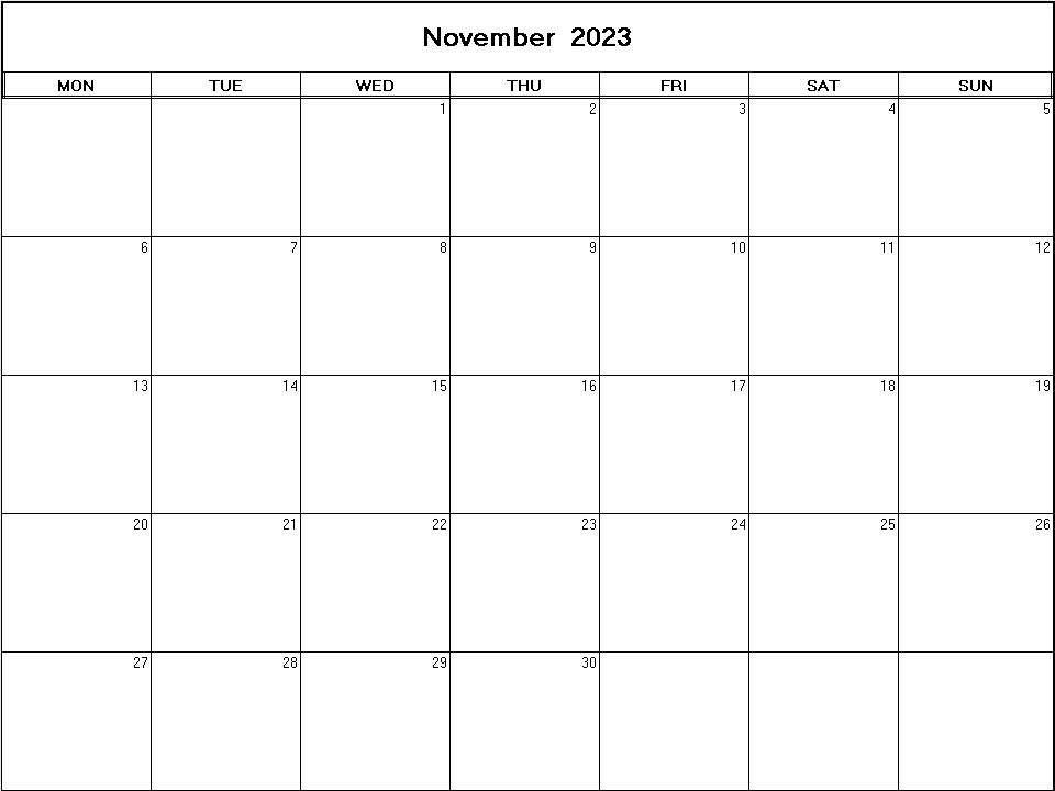 printable blank calendar image for November 2023