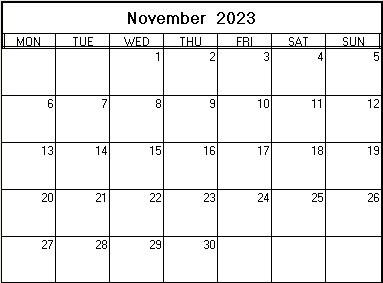 printable blank calendar image for November 2023