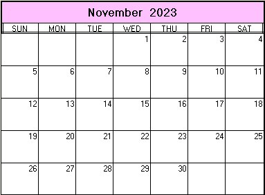 printable blank calendar image for November 2023