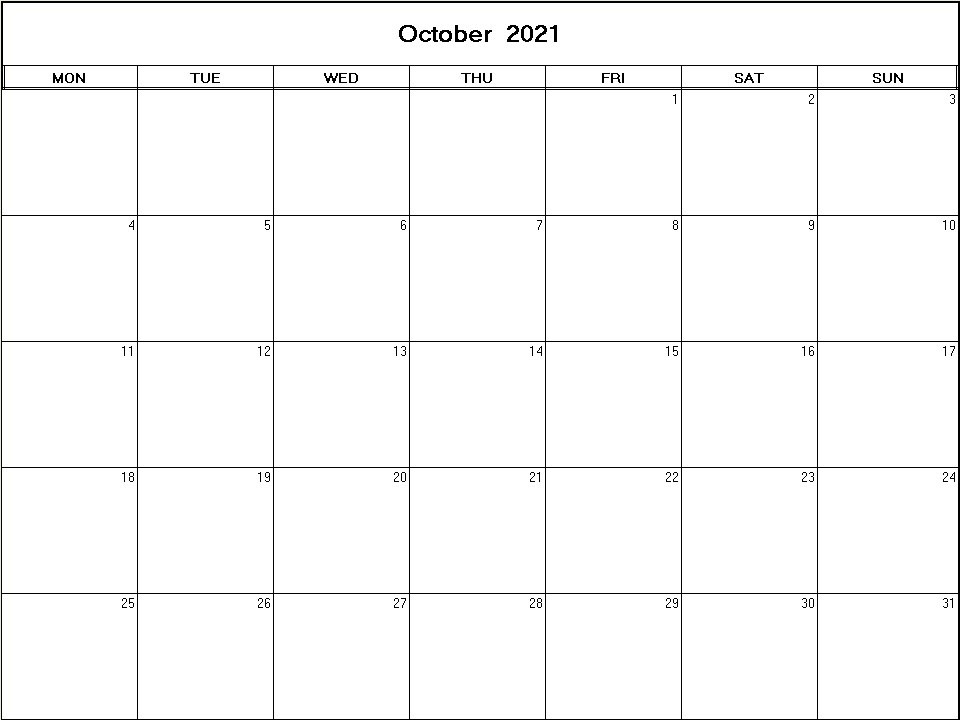 printable blank calendar image for October 2021