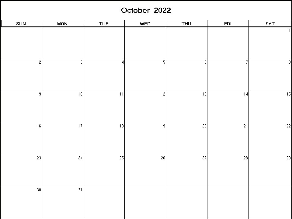 printable blank calendar image for October 2022