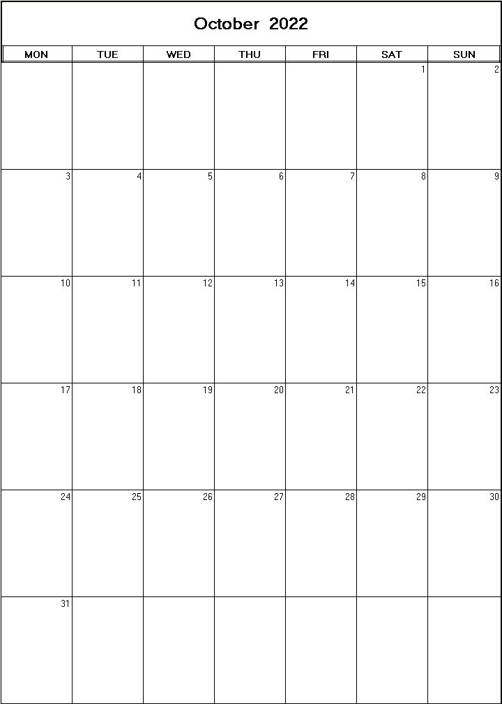 printable blank calendar image for October 2022