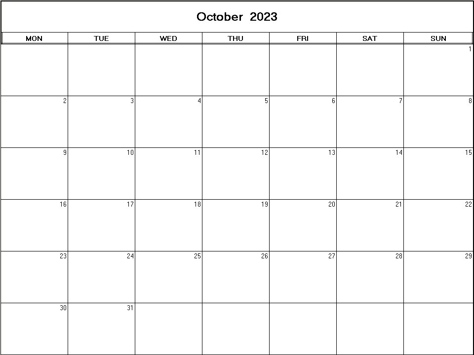 printable blank calendar image for October 2023