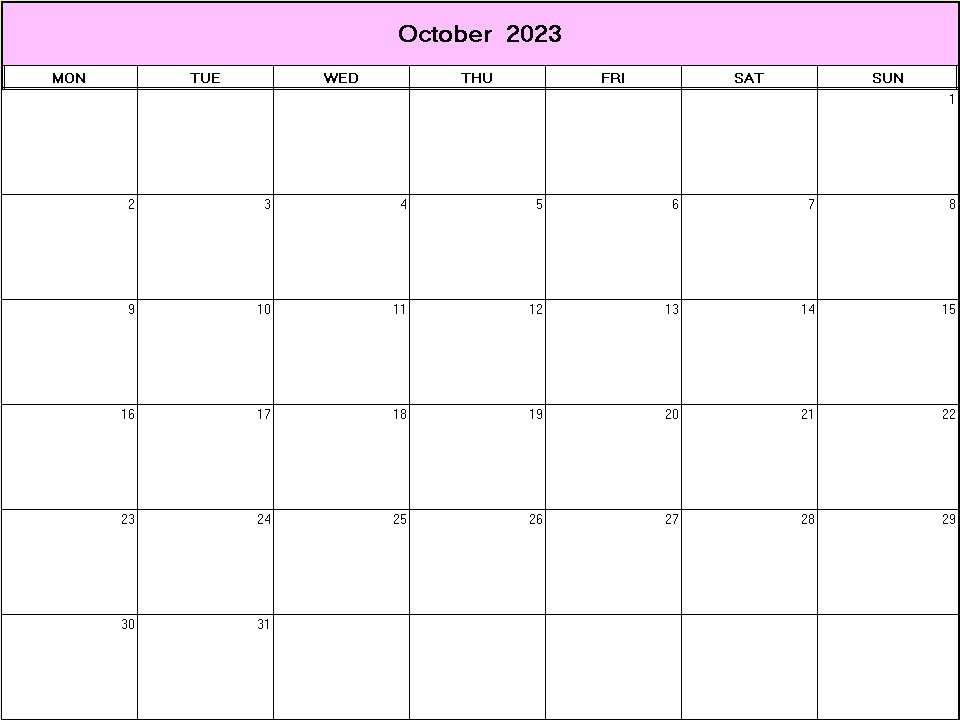 printable blank calendar image for October 2023