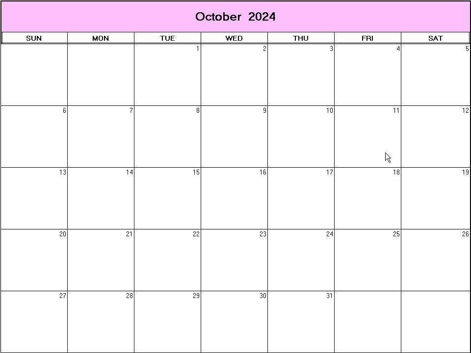 printable blank calendar image for October 2024