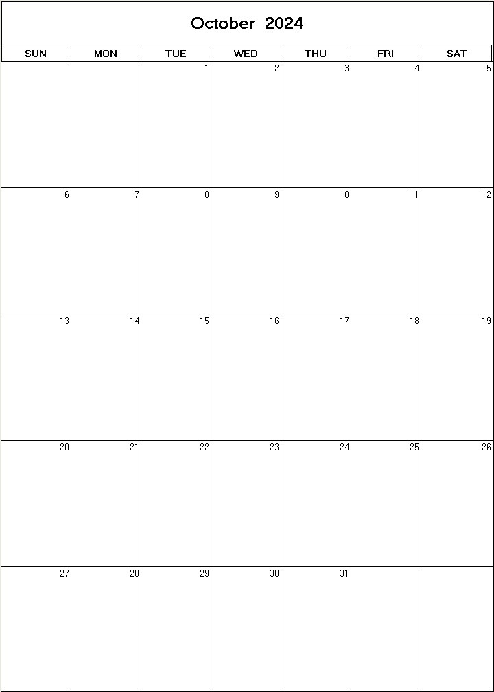 printable blank calendar image for October 2024