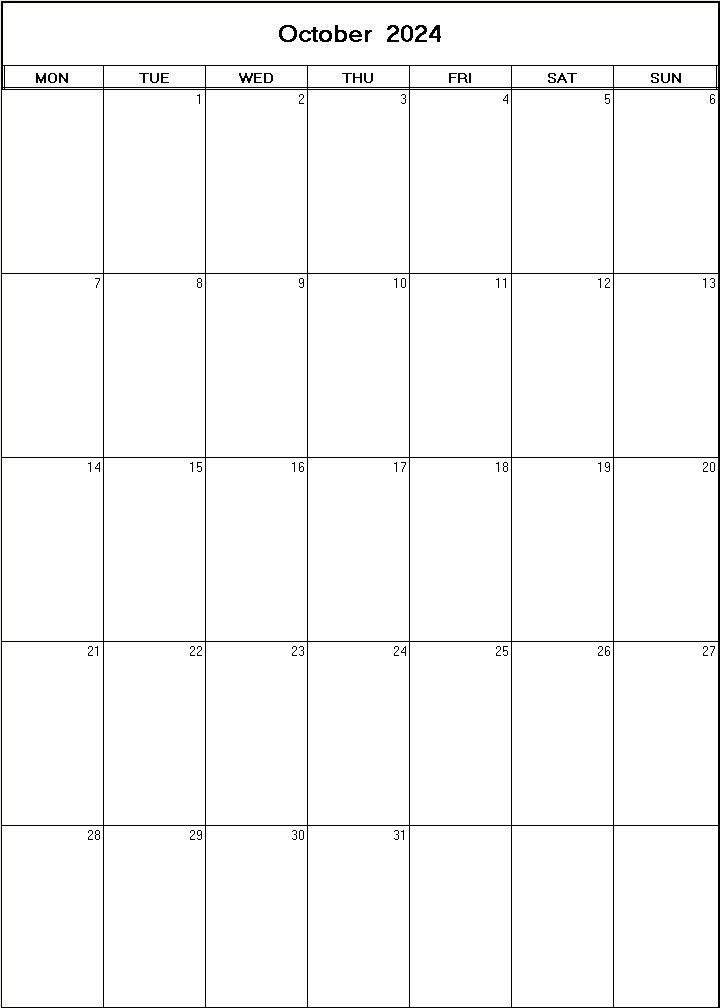 printable blank calendar image for October 2024