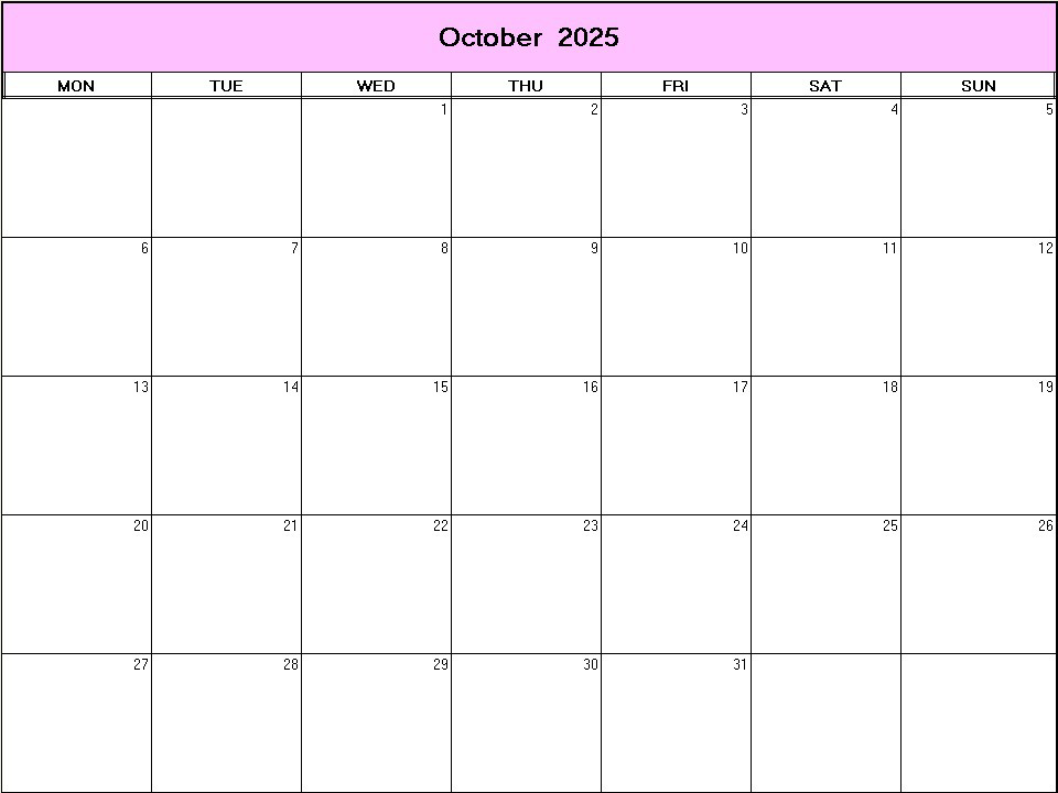 printable blank calendar image for October 2025