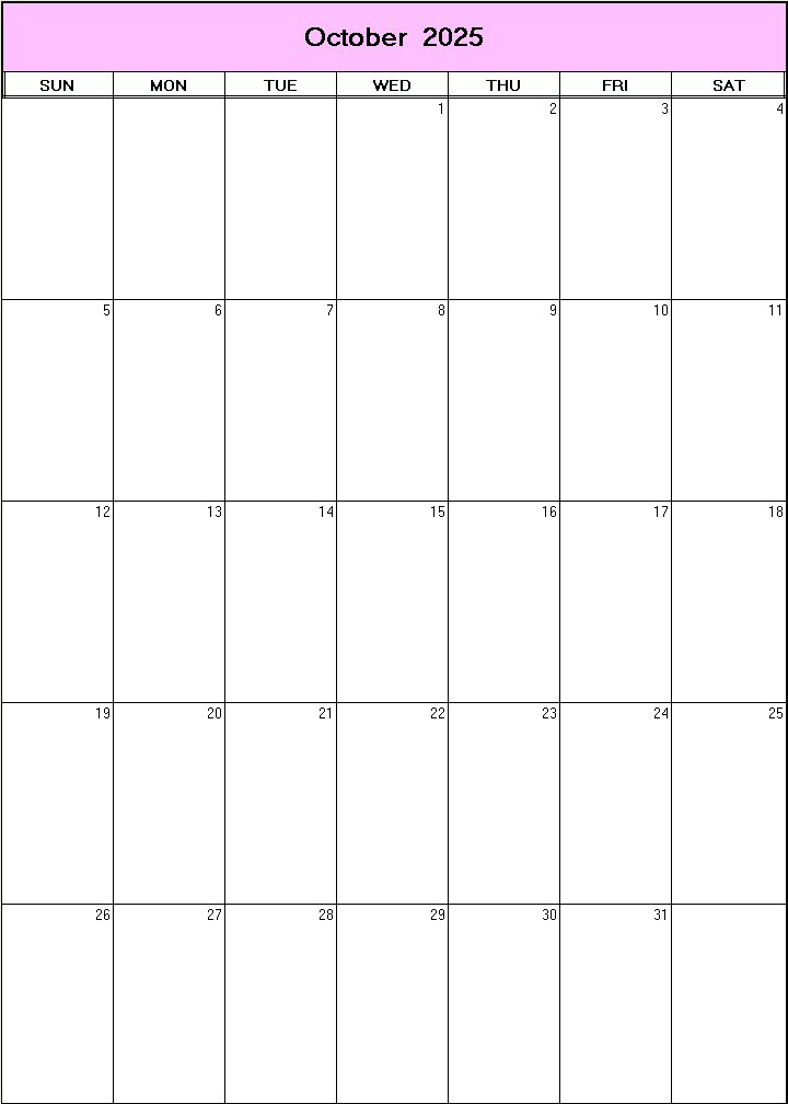 printable blank calendar image for October 2025