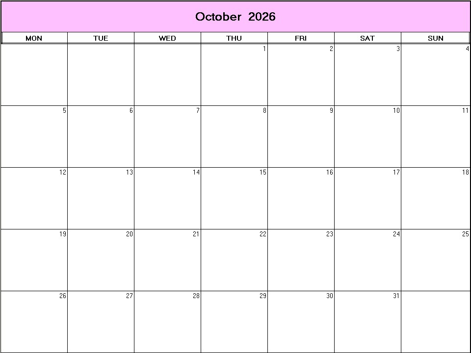 printable blank calendar image for October 2026