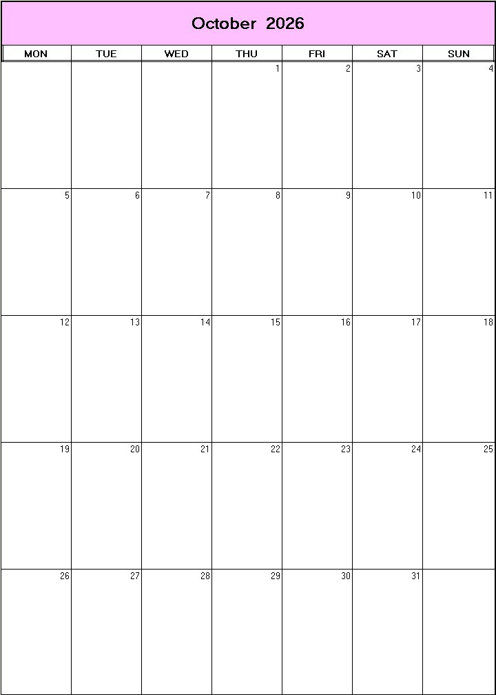 printable blank calendar image for October 2026