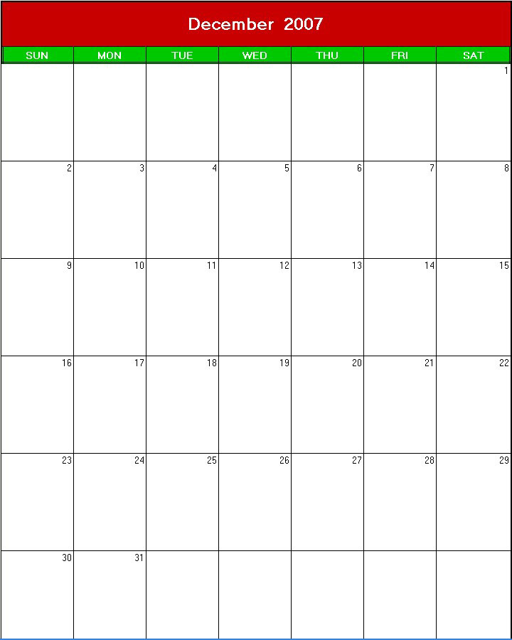 printable blank calendar image for xmas 2007