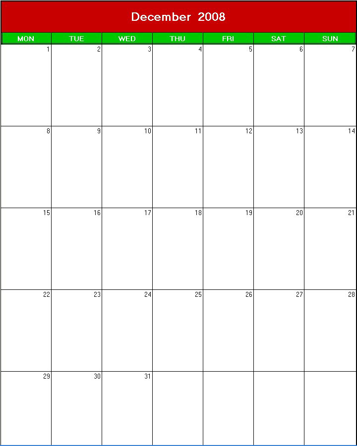 printable blank calendar image for xmas 2008