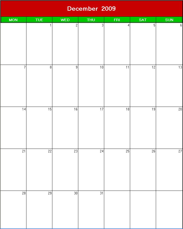 printable blank calendar image for xmas 2009