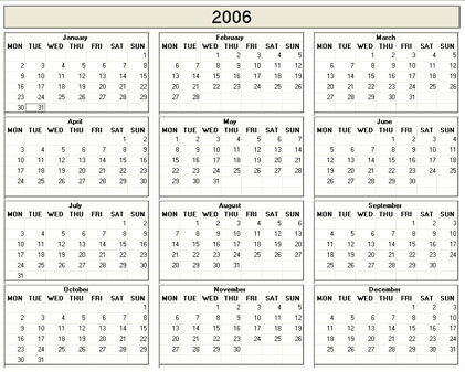 Yearly 2006 Printable Calendar - color & weekday starts Monday