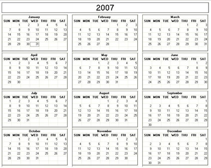Yearly 2007 Printable Calendar - color & weekday starts Sunday