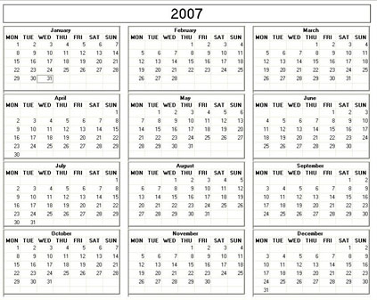 Yearly 2007 Printable Calendar - color & weekday starts Monday