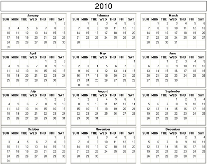 Yearly 2010 Printable Calendar - color & weekday starts Monday ...