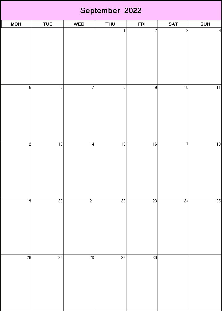 printable blank calendar image for September 2022