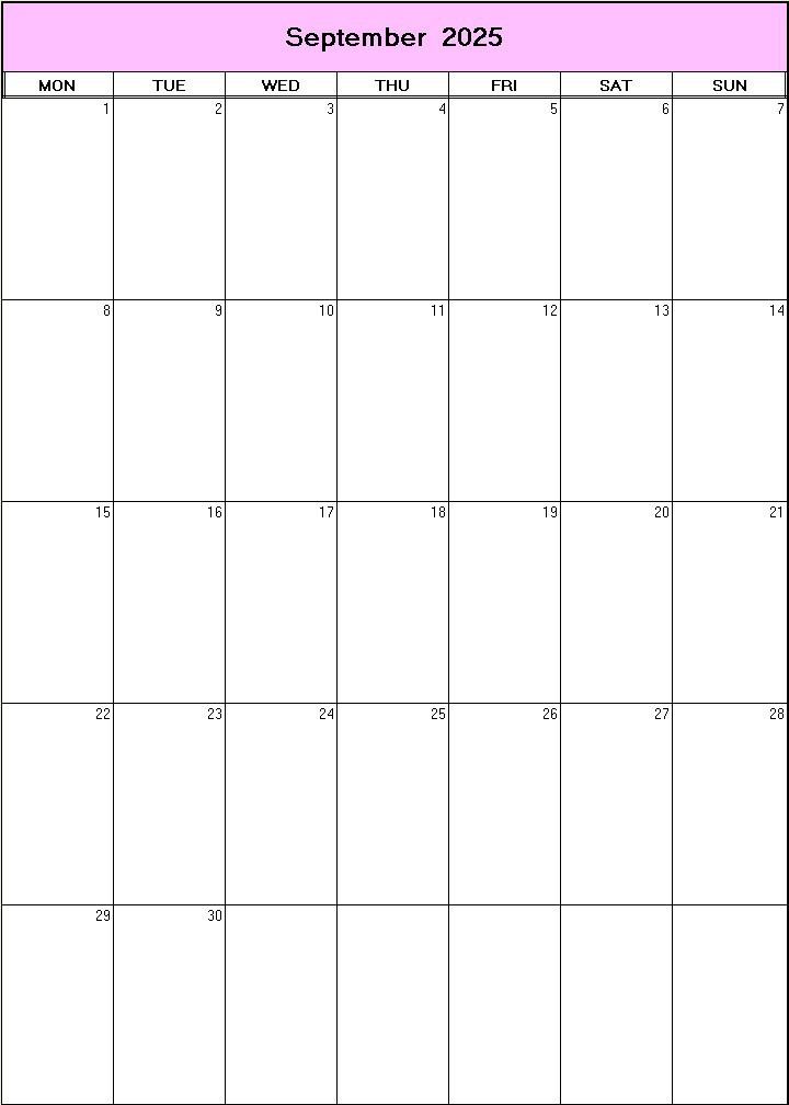 printable blank calendar image for September 2025