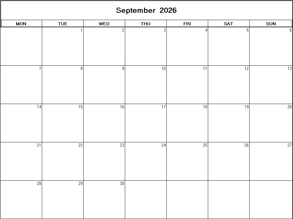 printable blank calendar image for September 2026